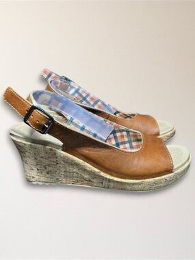 Crocs Womens 8‎ Brown Leather Cork Wedge Sandals Slingback Peep Toe A Leigh